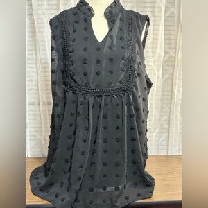 Elegant Black Sleeveless Blouse 2XL Black Dot Swiss Lined 29”L 22”p2p Loose Fit